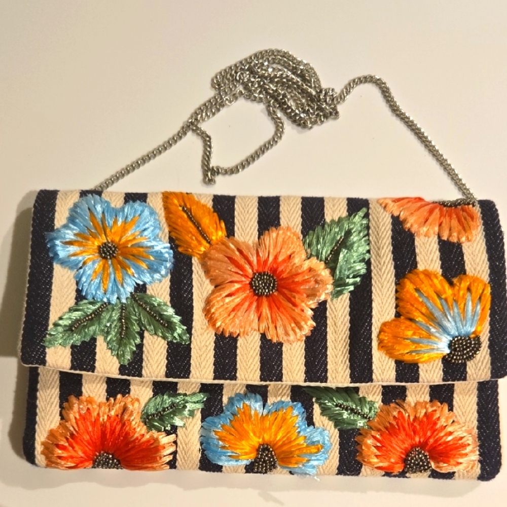 Floral Embroidered Striped Clutch